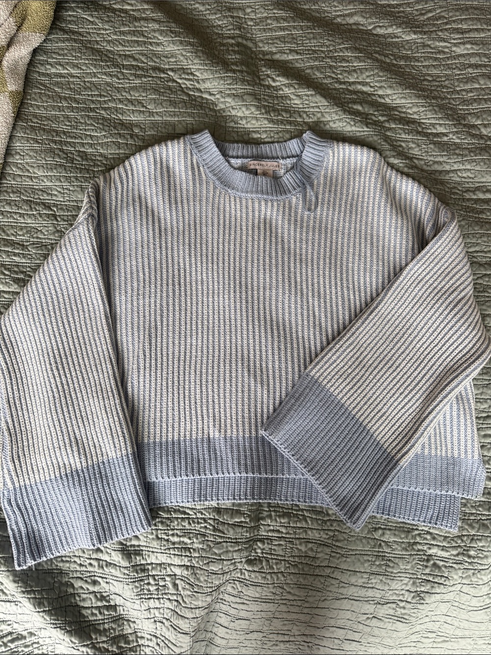 Striped Crewneck Knit Sweater in Light Blue and Cream